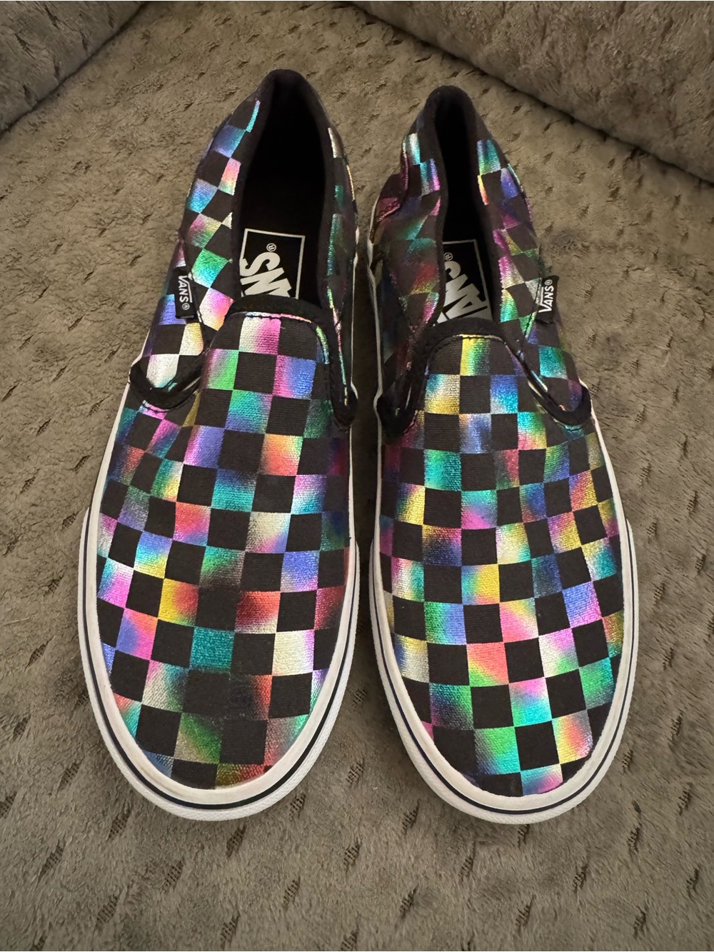 Vans Kids Slip-On Checkerboard Shoes - Black with Rainbow Holographic